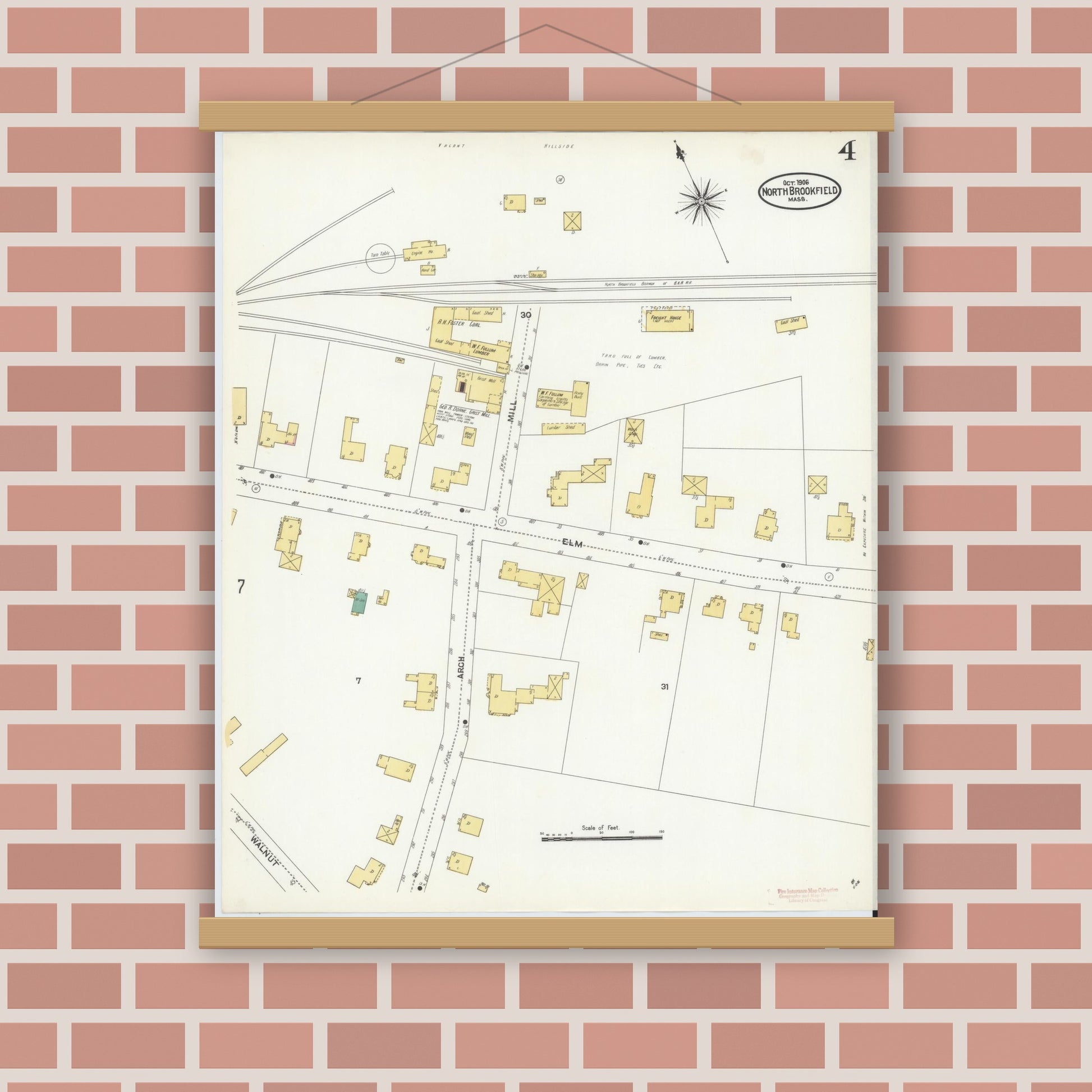 Old map wall art mockup — magnetic wood frame on brick wall — Sanborn Fire Insurance Map from North Brookfield, Worcester County, Massachusetts (1906), Sheet #0004