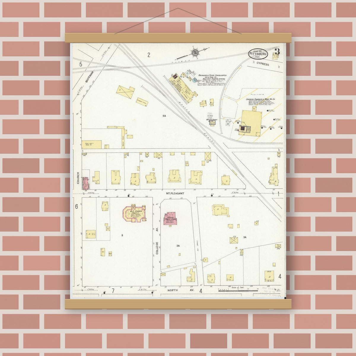 Old map wall art mockup — magnetic wood frame on brick wall — Sanborn Fire Insurance Map from Pittsburg, Camp County, Texas (1911), Sheet #0003