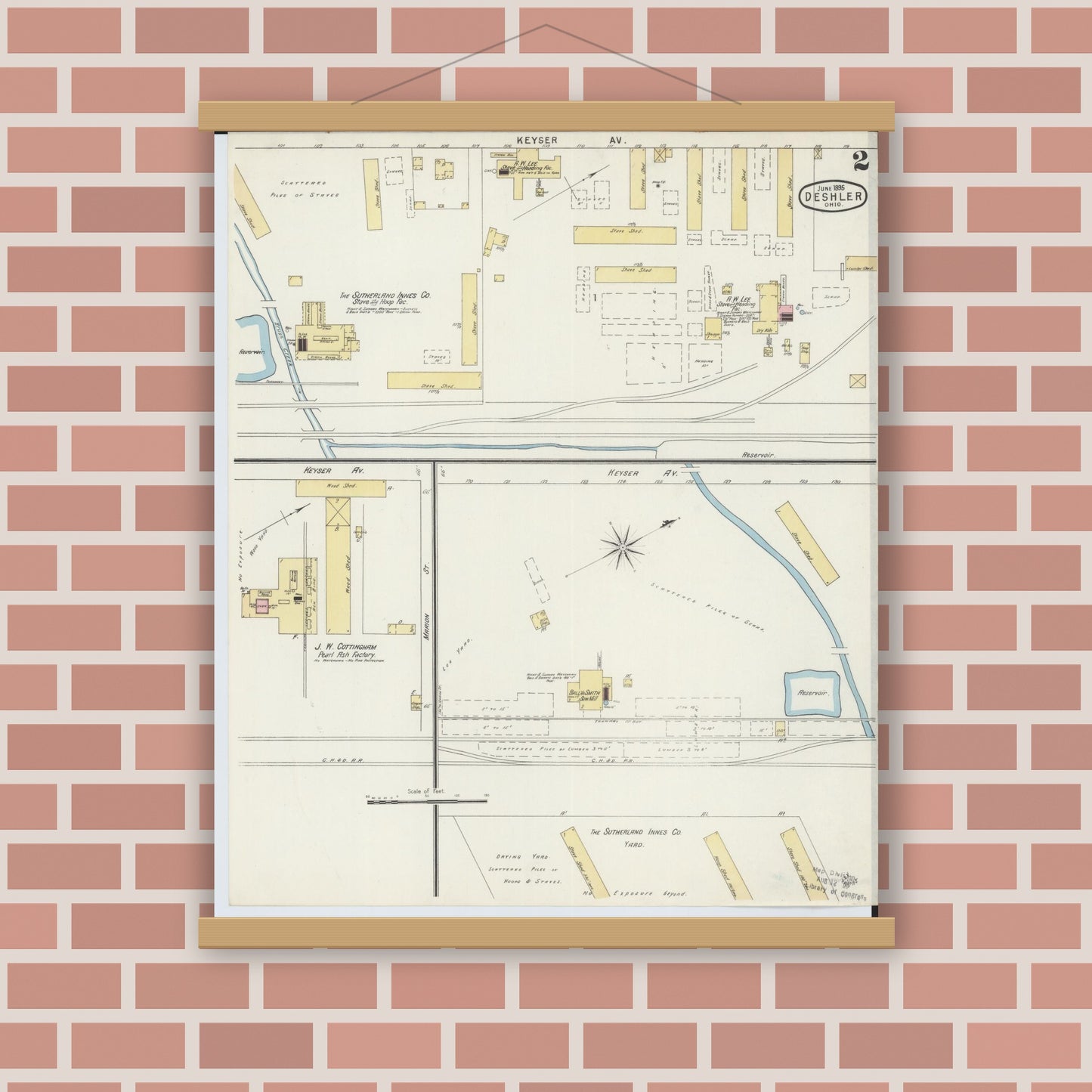 Old map wall art mockup — magnetic wood frame on brick wall — Sanborn Fire Insurance Map from Deshler, Henry County, Ohio (1895), Sheet #0002