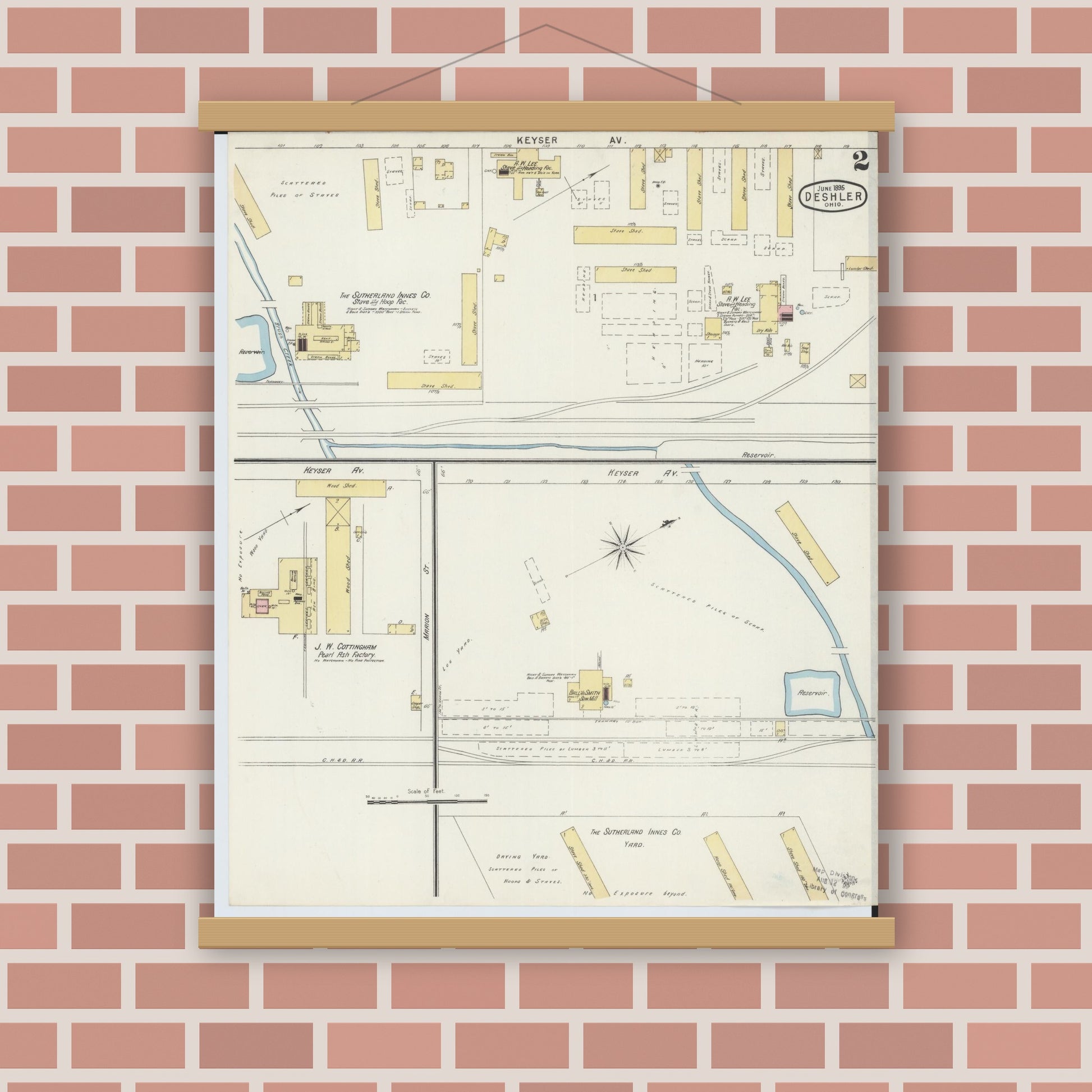 Old map wall art mockup — magnetic wood frame on brick wall — Sanborn Fire Insurance Map from Deshler, Henry County, Ohio (1895), Sheet #0002