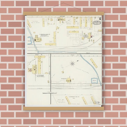 Old map wall art mockup — magnetic wood frame on brick wall — Sanborn Fire Insurance Map from Deshler, Henry County, Ohio (1895), Sheet #0002