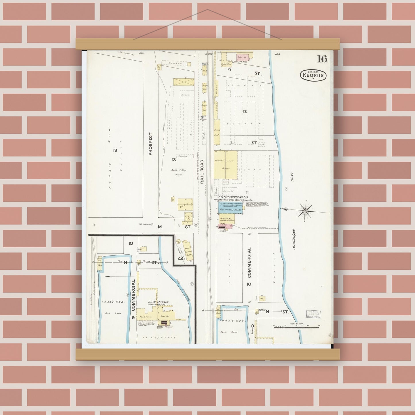 Old map wall art mockup — magnetic wood frame on brick wall — Sanborn Fire Insurance Map from Keokuk, Lee County, Iowa (1888), Sheet #0016