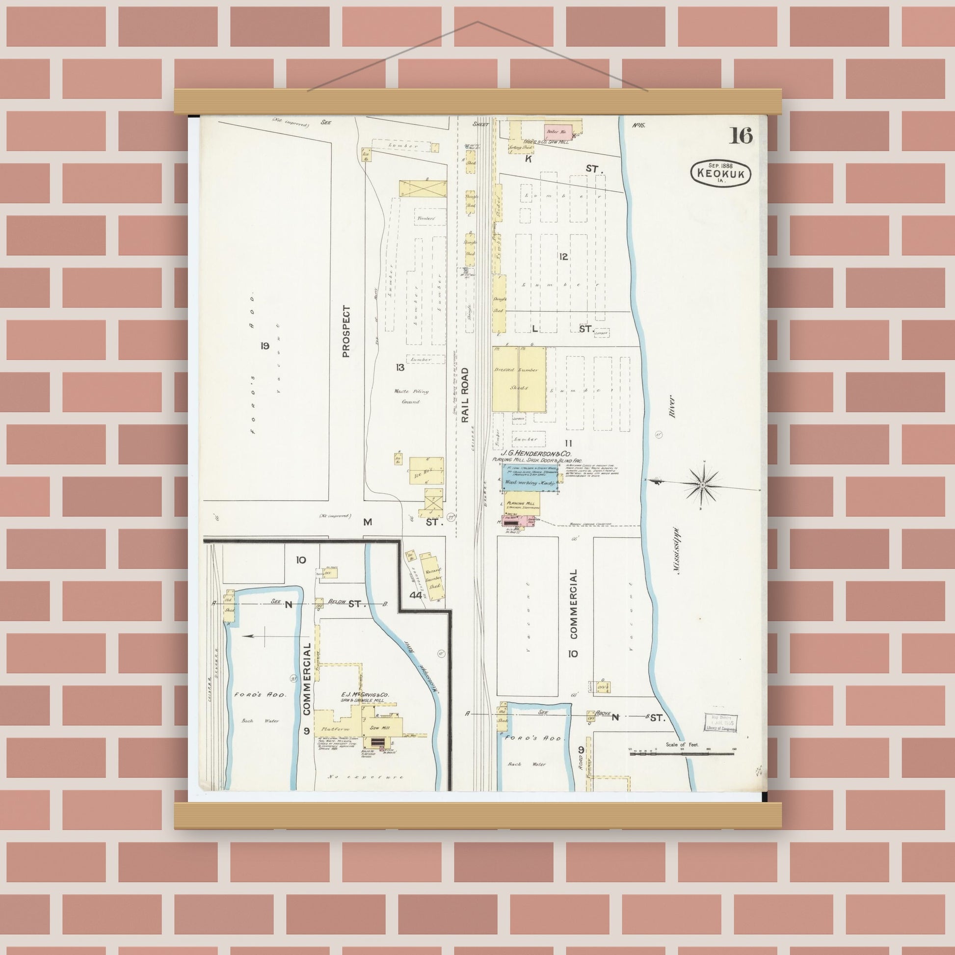 Old map wall art mockup — magnetic wood frame on brick wall — Sanborn Fire Insurance Map from Keokuk, Lee County, Iowa (1888), Sheet #0016