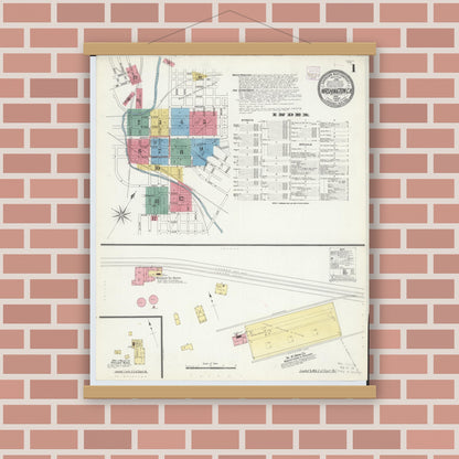 Old map wall art mockup — magnetic wood frame on brick wall — Sanborn Fire Insurance Map from Washington Court House, Fayette County, Ohio (1907), Sheet #0001