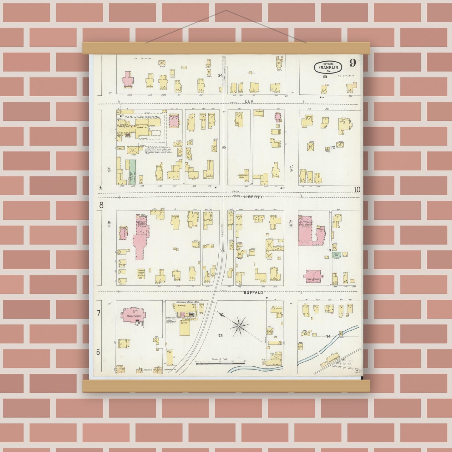 Old map wall art mockup — magnetic wood frame on brick wall — Sanborn Fire Insurance Map from Franklin, Venango County, Pennsylvania (1896), Sheet #0009