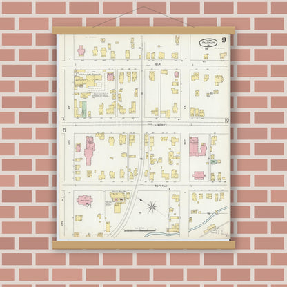 Old map wall art mockup — magnetic wood frame on brick wall — Sanborn Fire Insurance Map from Franklin, Venango County, Pennsylvania (1896), Sheet #0009