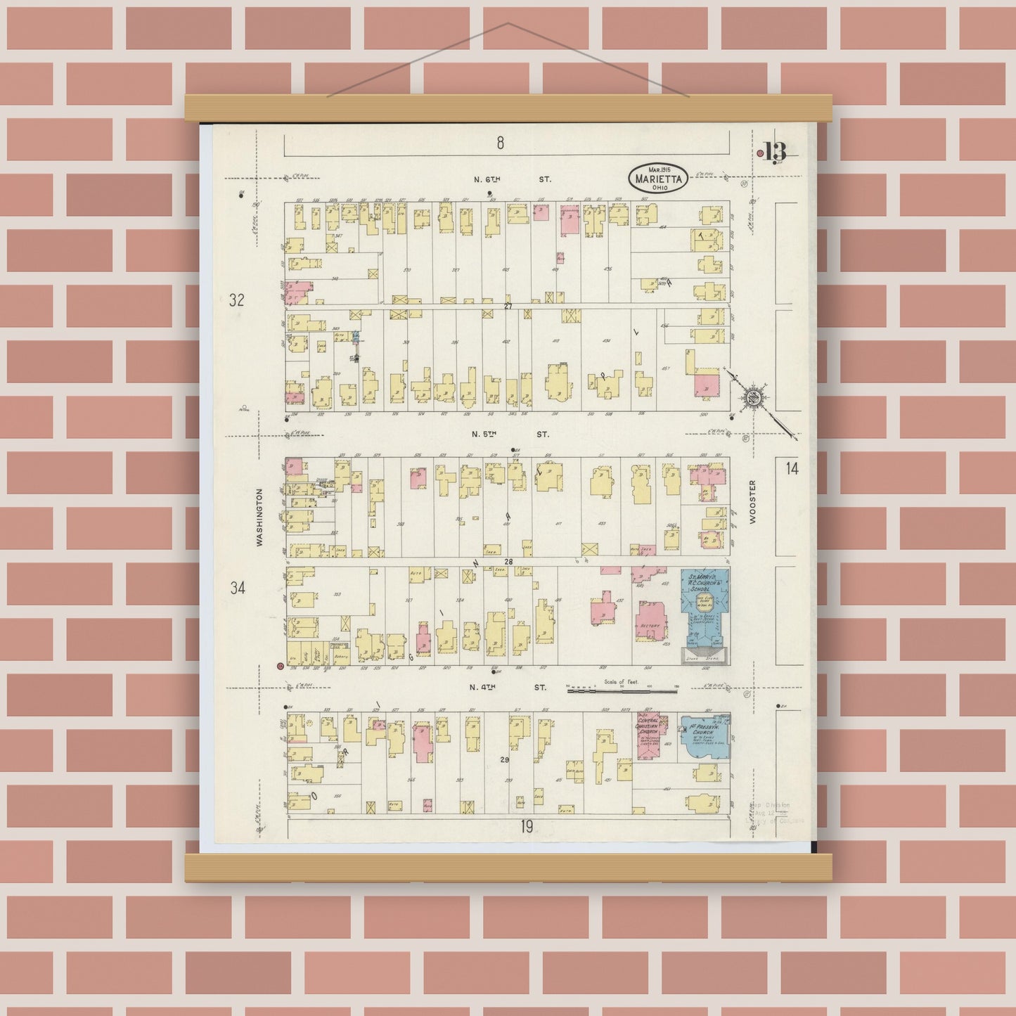 Old map wall art mockup — magnetic wood frame on brick wall — Sanborn Fire Insurance Map from Marietta, Washington County, Ohio (1915), Sheet #0013