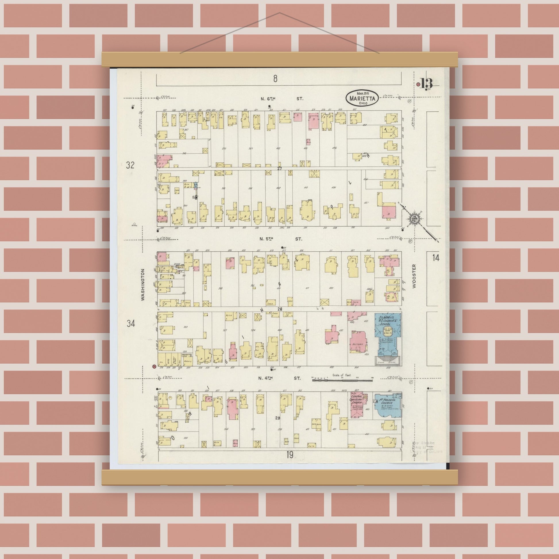 Old map wall art mockup — magnetic wood frame on brick wall — Sanborn Fire Insurance Map from Marietta, Washington County, Ohio (1915), Sheet #0013