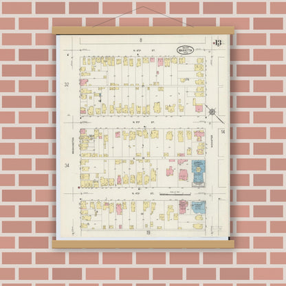 Old map wall art mockup — magnetic wood frame on brick wall — Sanborn Fire Insurance Map from Marietta, Washington County, Ohio (1915), Sheet #0013