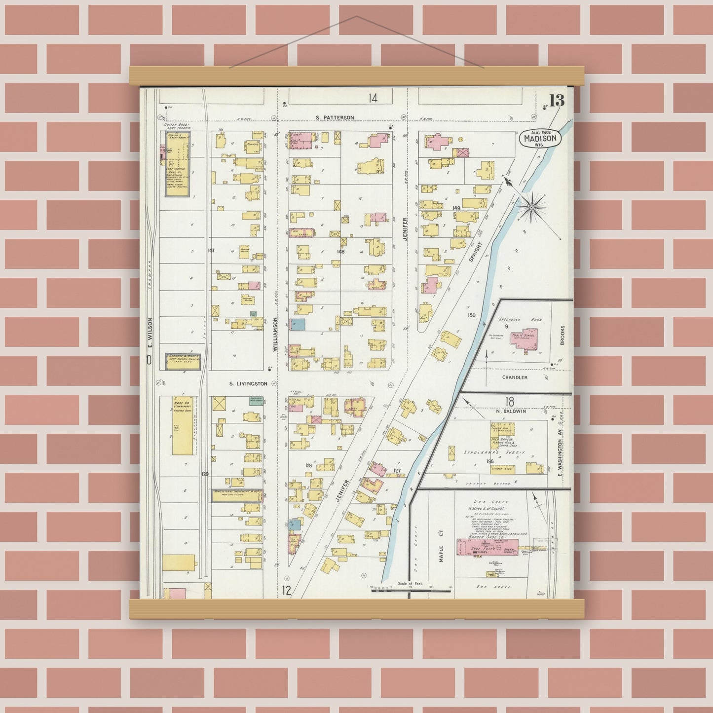 Old map wall art mockup — magnetic wood frame on brick wall — Sanborn Fire Insurance Map from Madison, Dane County, Wisconsin (1902), Sheet #0013