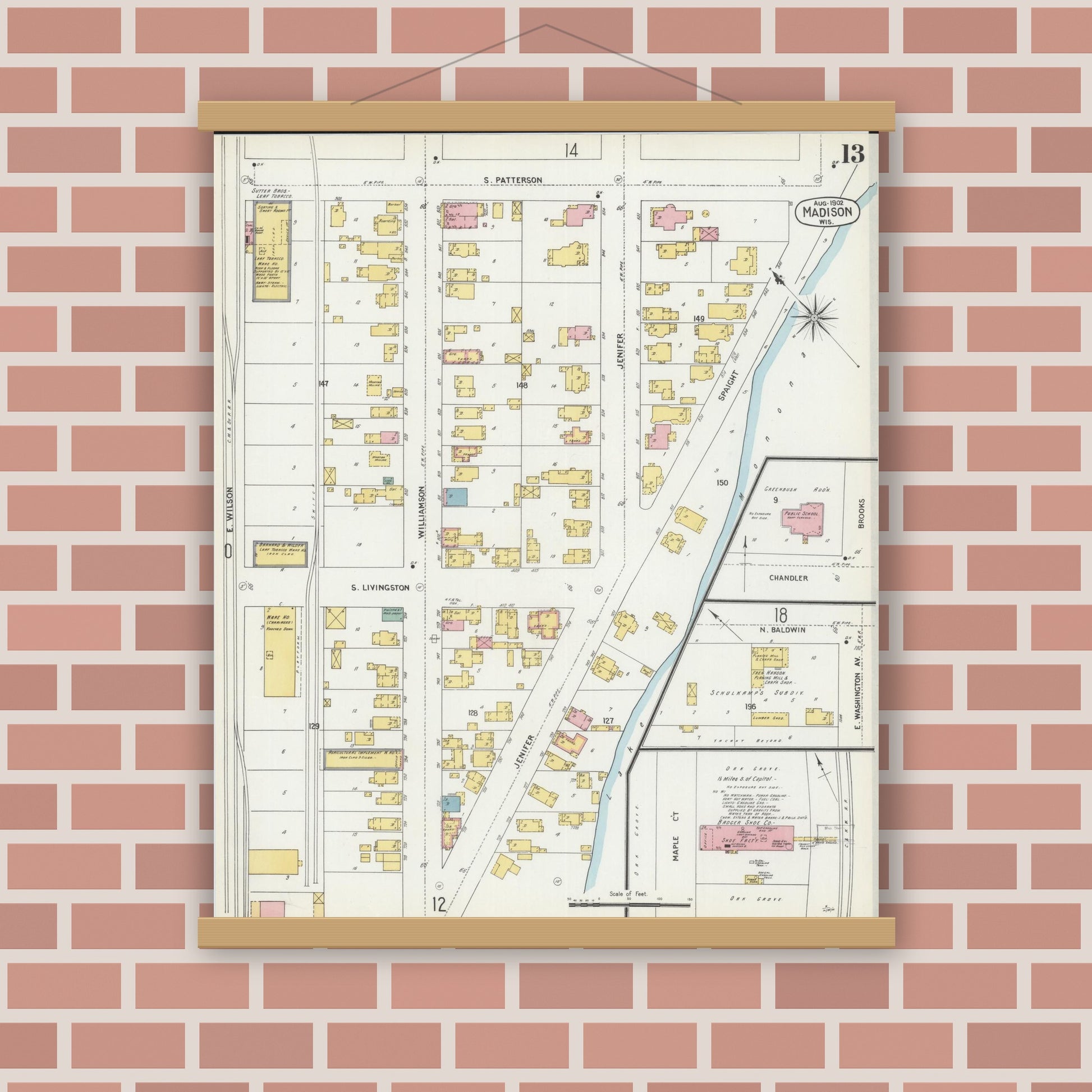 Old map wall art mockup — magnetic wood frame on brick wall — Sanborn Fire Insurance Map from Madison, Dane County, Wisconsin (1902), Sheet #0013