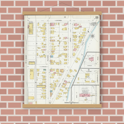 Old map wall art mockup — magnetic wood frame on brick wall — Sanborn Fire Insurance Map from Madison, Dane County, Wisconsin (1902), Sheet #0013