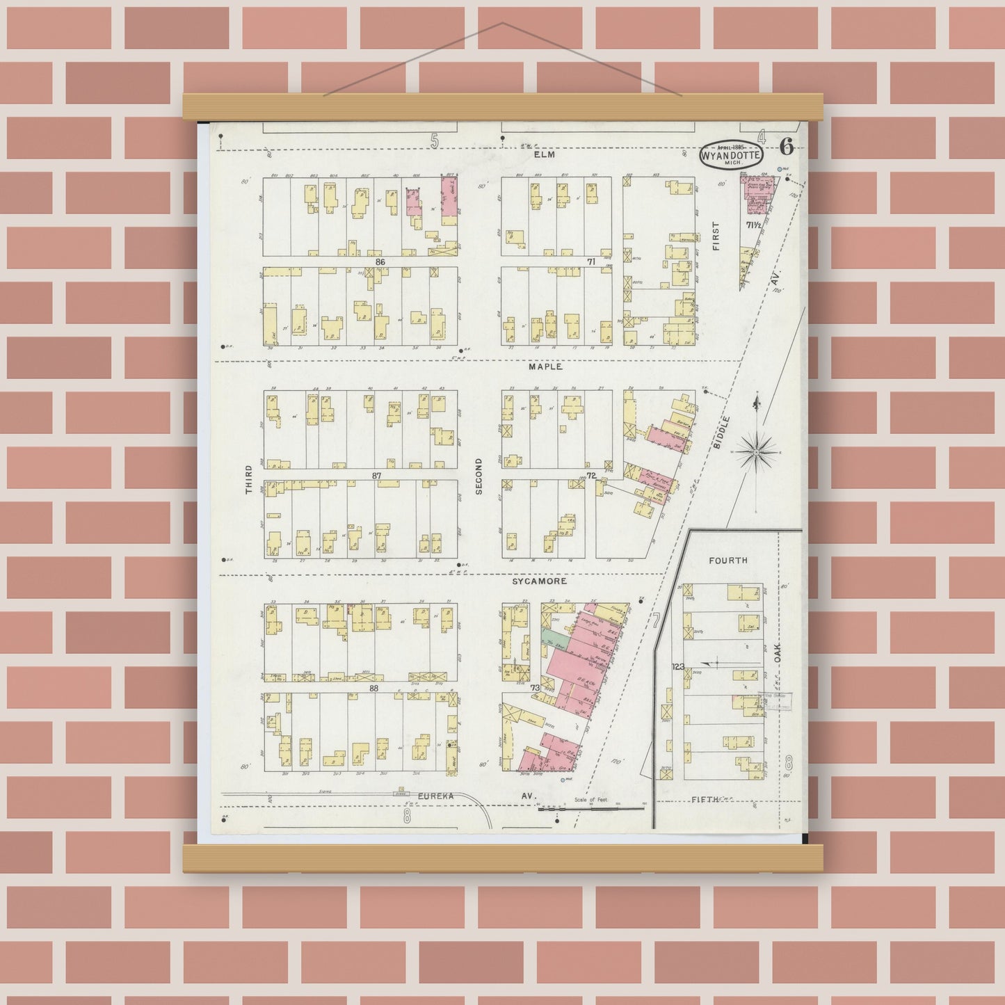 Old map wall art mockup — magnetic wood frame on brick wall — Sanborn Fire Insurance Map from Wyandotte, Wayne County, Michigan (1895), Sheet #0006