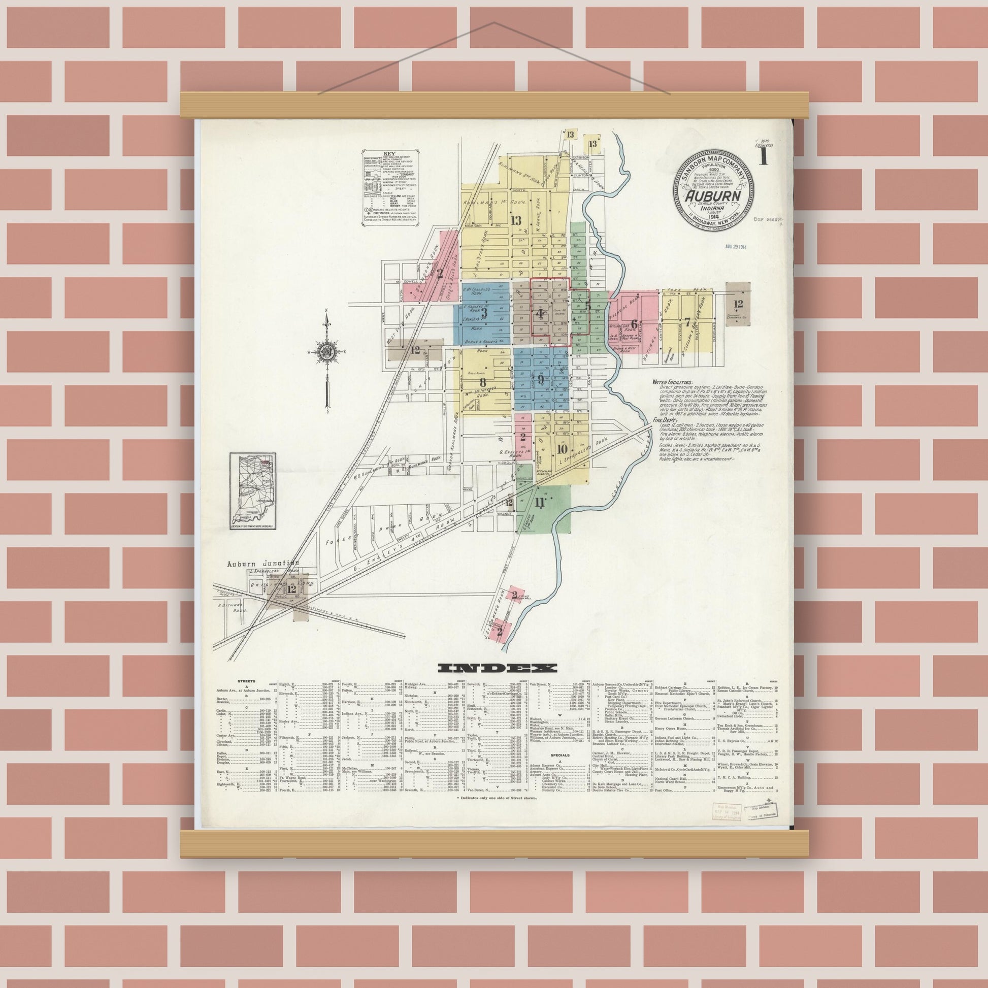 Old map wall art mockup — magnetic wood frame on brick wall — Sanborn Fire Insurance Map from Auburn, De Kalb County, Indiana (1914) - Complete Map Set