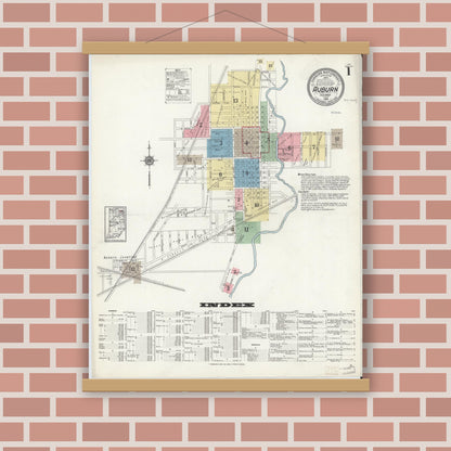 Old map wall art mockup — magnetic wood frame on brick wall — Sanborn Fire Insurance Map from Auburn, De Kalb County, Indiana (1914) - Complete Map Set