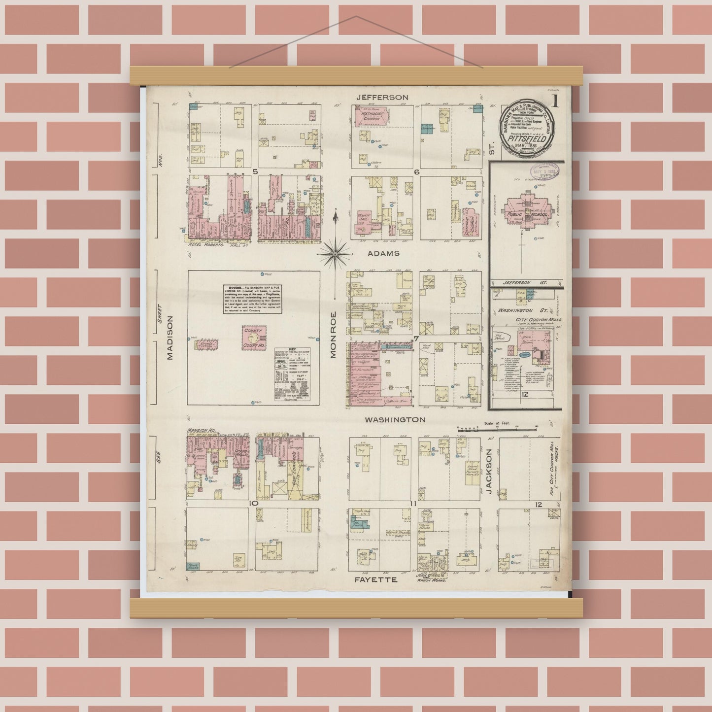 Old map wall art mockup — magnetic wood frame on brick wall — Sanborn Fire Insurance Map from Pittsfield, Pike County, Illinois (1885), Sheet #0001