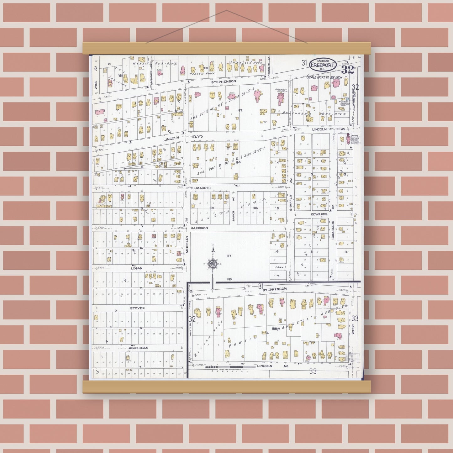 Old map wall art mockup — magnetic wood frame on brick wall — Sanborn Fire Insurance Map from Freeport, Stephenson County, Illinois (1918), Sheet #0032