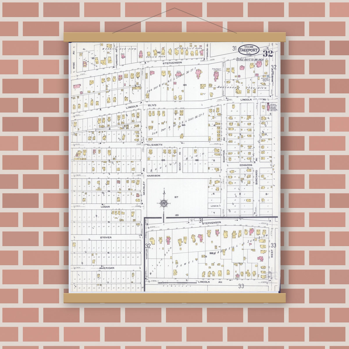 Old map wall art mockup — magnetic wood frame on brick wall — Sanborn Fire Insurance Map from Freeport, Stephenson County, Illinois (1918), Sheet #0032