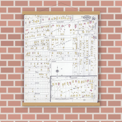 Old map wall art mockup — magnetic wood frame on brick wall — Sanborn Fire Insurance Map from Freeport, Stephenson County, Illinois (1918), Sheet #0032