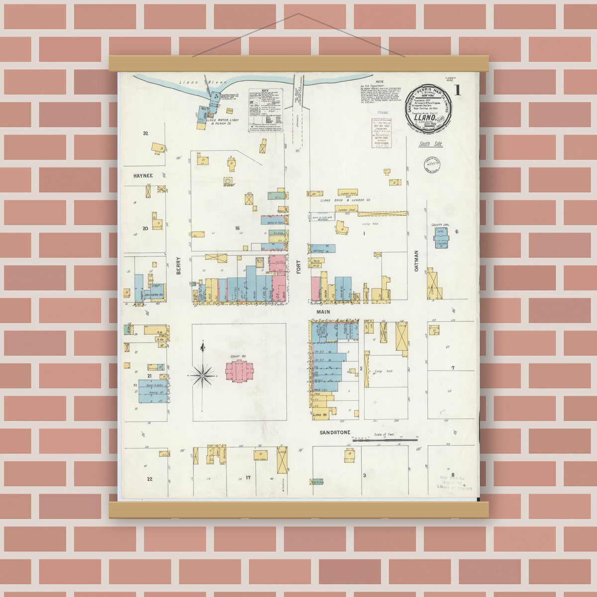 Old map wall art mockup — magnetic wood frame on brick wall — Sanborn Fire Insurance Map from Llano, Llano County, Texas (1900) - Complete Map Set