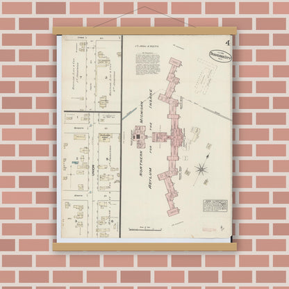 Old map wall art mockup — magnetic wood frame on brick wall — Sanborn Fire Insurance Map from Traverse City, Grand Traverse County, Michigan (1884), Sheet #0004