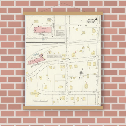 Old map wall art mockup — magnetic wood frame on brick wall — Sanborn Fire Insurance Map from Cherryville, Gaston County, North Carolina (1914), Sheet #0003