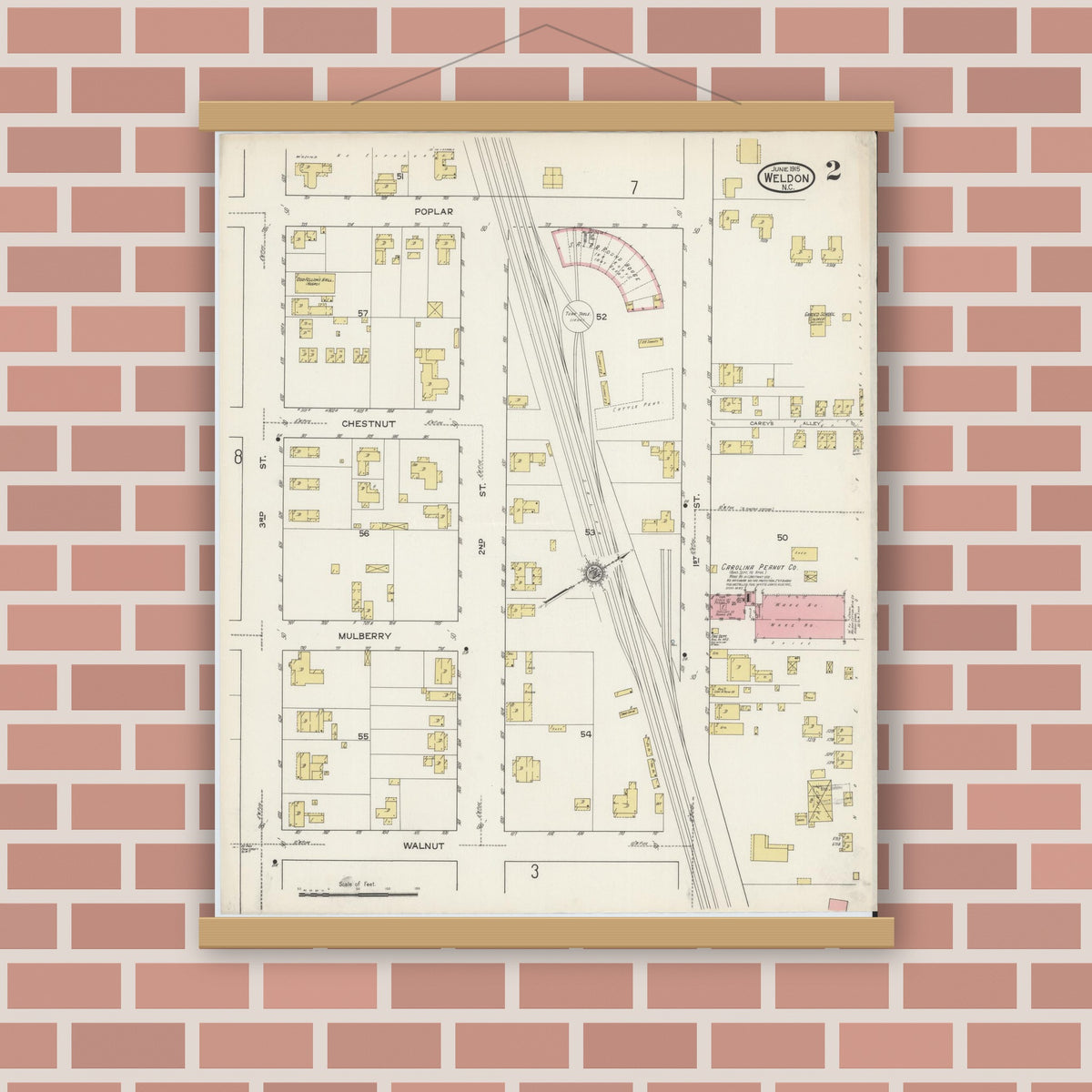 Old map wall art mockup — magnetic wood frame on brick wall — Sanborn Fire Insurance Map from Weldon, Halifax County, North Carolina (1915), Sheet #0002