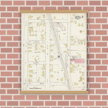 Old map wall art mockup — magnetic wood frame on brick wall — Sanborn Fire Insurance Map from Weldon, Halifax County, North Carolina (1915), Sheet #0002