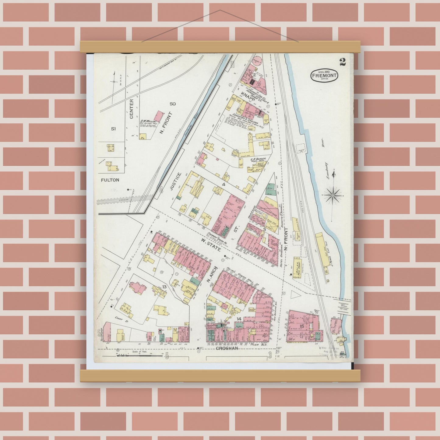 Old map wall art mockup — magnetic wood frame on brick wall — Sanborn Fire Insurance Map from Fremont, Sandusky County, Ohio (1893), Sheet #0002