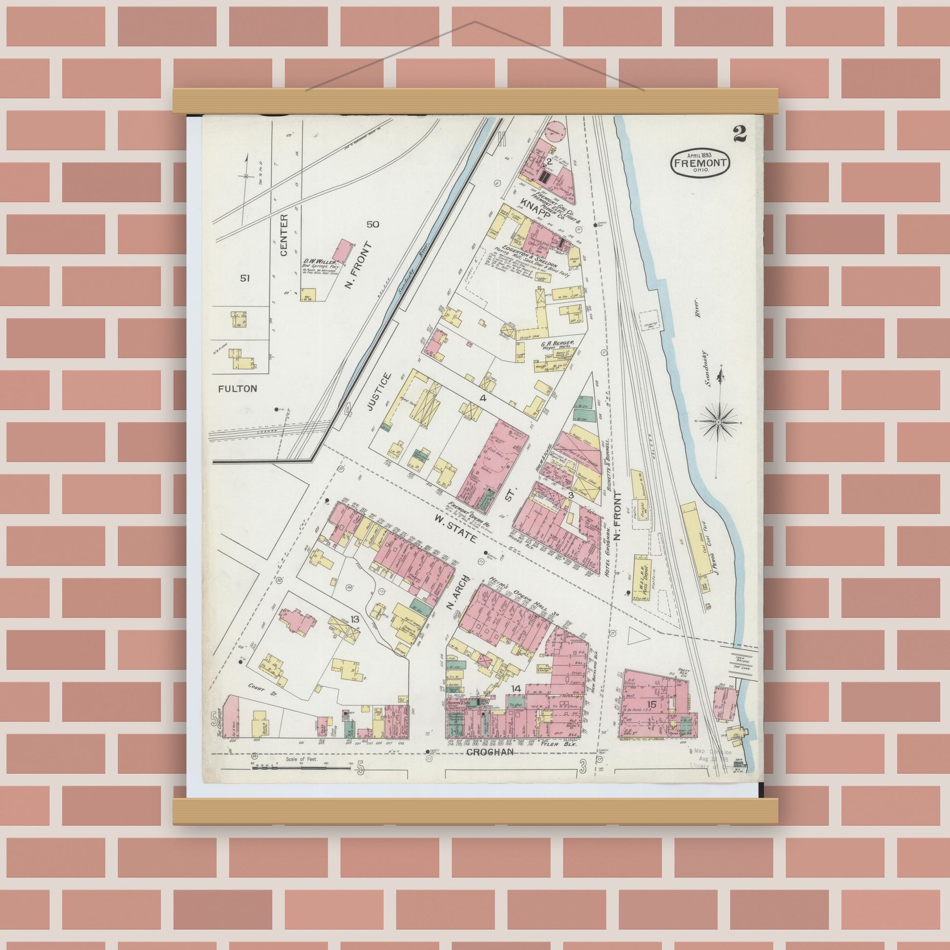 Old map wall art mockup — magnetic wood frame on brick wall — Sanborn Fire Insurance Map from Fremont, Sandusky County, Ohio (1893), Sheet #0002