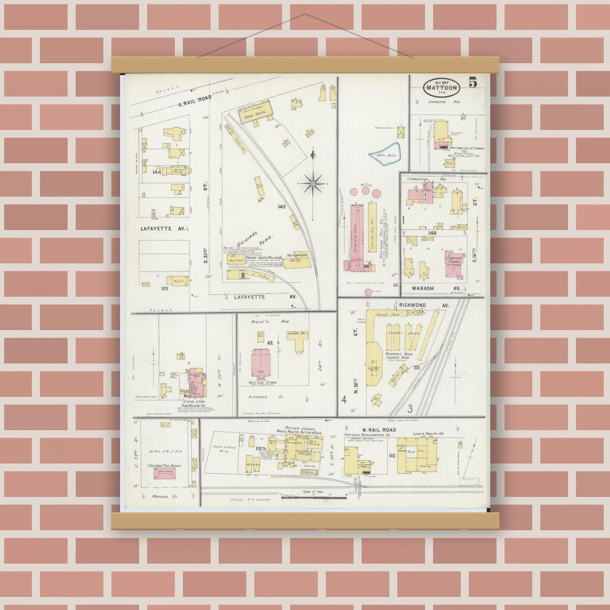 Old map wall art mockup — magnetic wood frame on brick wall — Sanborn Fire Insurance Map from Mattoon, Coles County, Illinois (1897), Sheet #0005
