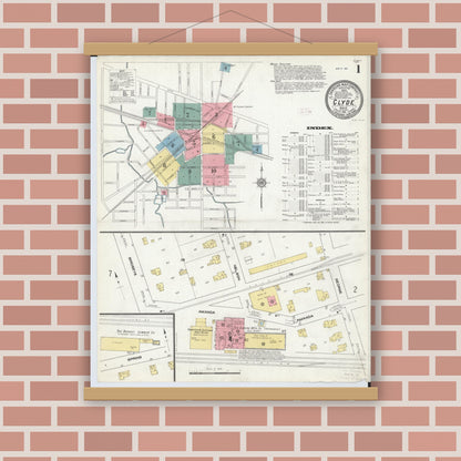 Old map wall art mockup — magnetic wood frame on brick wall — Sanborn Fire Insurance Map from Clyde, Sandusky County, Ohio (1911), Sheet #0001