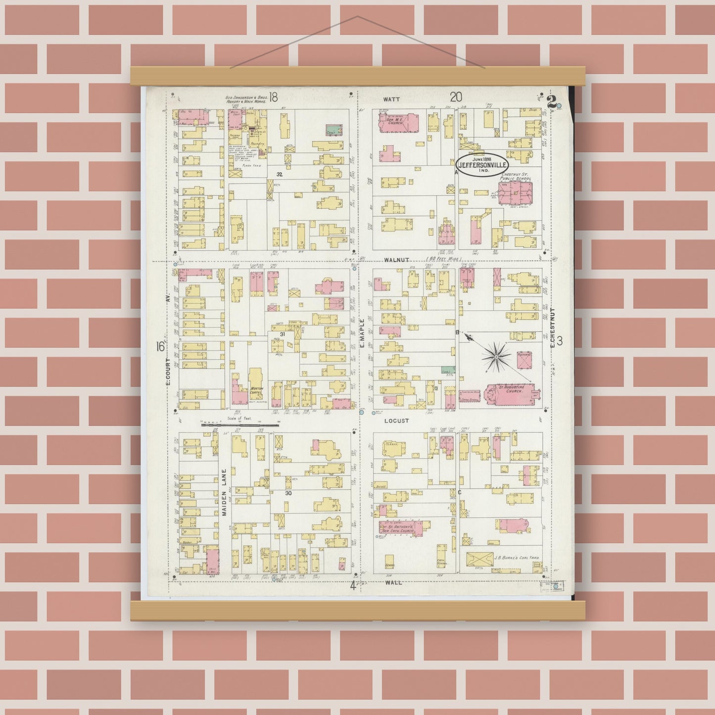 Old map wall art mockup — magnetic wood frame on brick wall — Sanborn Fire Insurance Map from Jeffersonville, Clark County, Indiana (1898), Sheet #0002