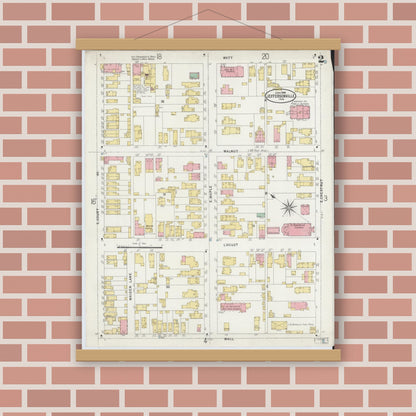 Old map wall art mockup — magnetic wood frame on brick wall — Sanborn Fire Insurance Map from Jeffersonville, Clark County, Indiana (1898), Sheet #0002