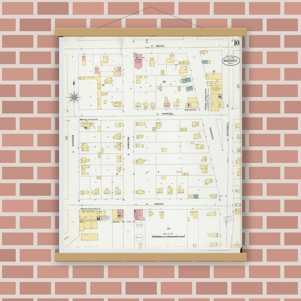 Old map wall art mockup — magnetic wood frame on brick wall — Sanborn Fire Insurance Map from Marshall, Calhoun County, Michigan (1906), Sheet #0010