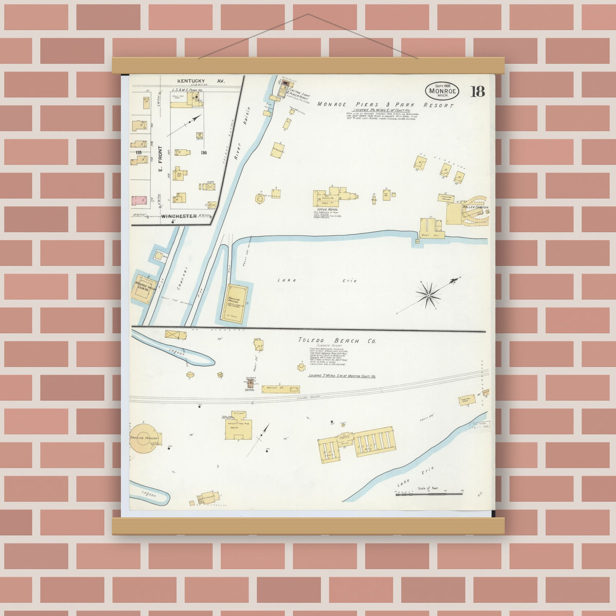 Old map wall art mockup — magnetic wood frame on brick wall — Sanborn Fire Insurance Map from Monroe, Monroe County, Michigan (1908), Sheet #0018