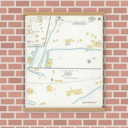 Old map wall art mockup — magnetic wood frame on brick wall — Sanborn Fire Insurance Map from Monroe, Monroe County, Michigan (1908), Sheet #0018