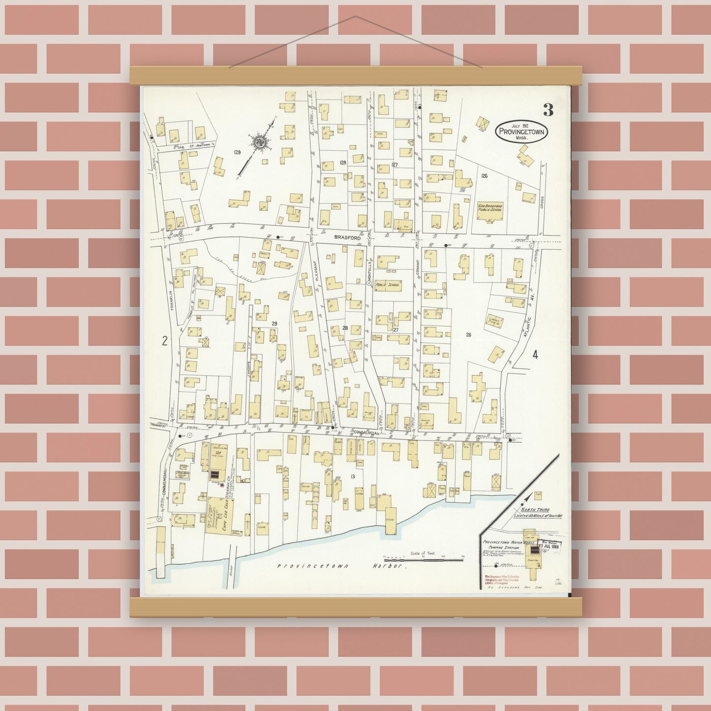 Old map wall art mockup — magnetic wood frame on brick wall — Sanborn Fire Insurance Map from Provincetown, Barnstable County, Massachusetts (1912), Sheet #0003