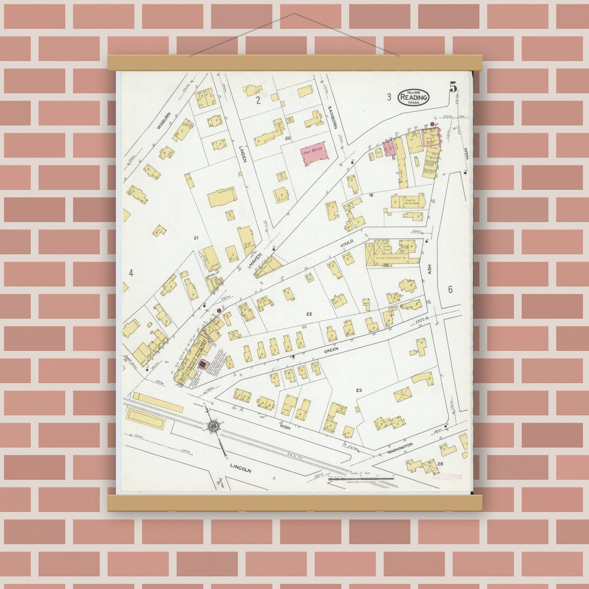 Old map wall art mockup — magnetic wood frame on brick wall — Sanborn Fire Insurance Map from Reading, Middlesex County, Massachusetts (1918), Sheet #0005