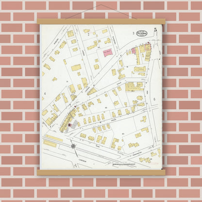 Old map wall art mockup — magnetic wood frame on brick wall — Sanborn Fire Insurance Map from Reading, Middlesex County, Massachusetts (1918), Sheet #0005