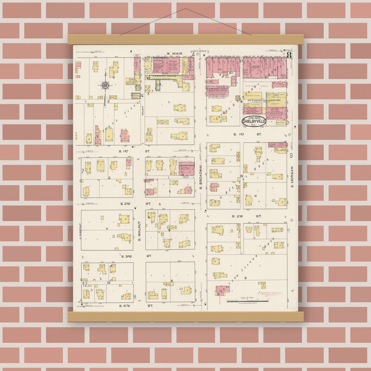 Old map wall art mockup — magnetic wood frame on brick wall — Sanborn Fire Insurance Map from Shelbyville, Shelby County, Illinois (1922), Sheet #0008
