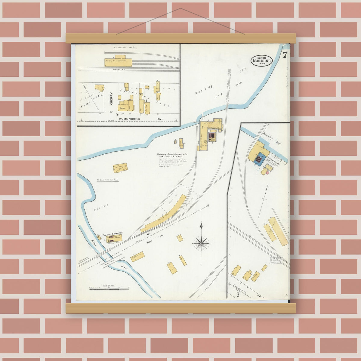 Old map wall art mockup — magnetic wood frame on brick wall — Sanborn Fire Insurance Map from Munising, Alger County, Michigan (1906), Sheet #0007