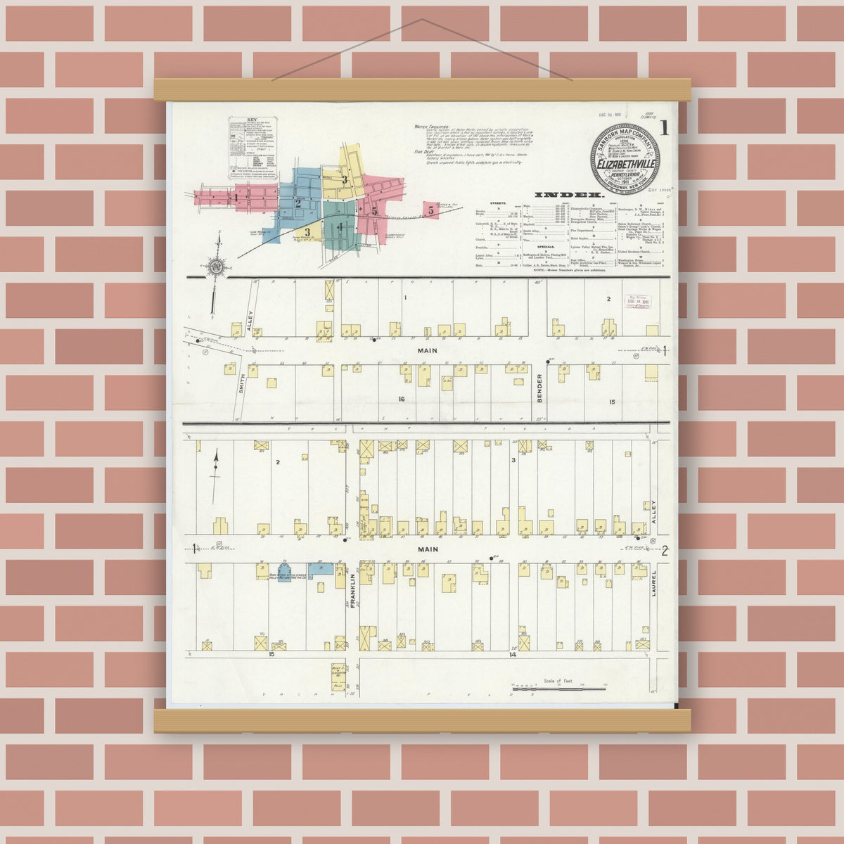 Old map wall art mockup — magnetic wood frame on brick wall — Sanborn Fire Insurance Map from Elizabethville, Dauphin County, Pennsylvania (1911), Sheet #0001