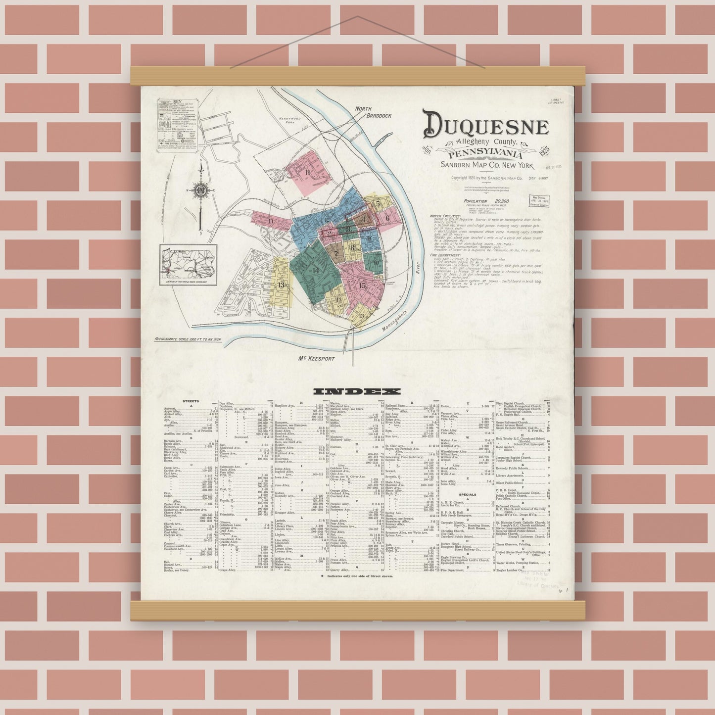 Old map wall art mockup — magnetic wood frame on brick wall — Sanborn Fire Insurance Map from Duquesne, Allegheny County, Pennsylvania (1925), Sheet #0001