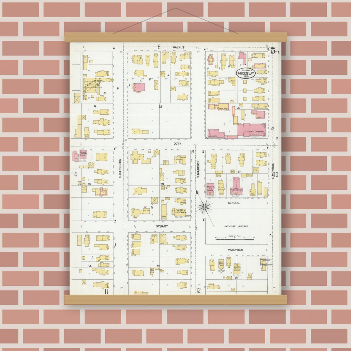 Old map wall art mockup — magnetic wood frame on brick wall — Sanborn Fire Insurance Map from Green Bay, Brown County, Wisconsin (1900), Sheet #0005