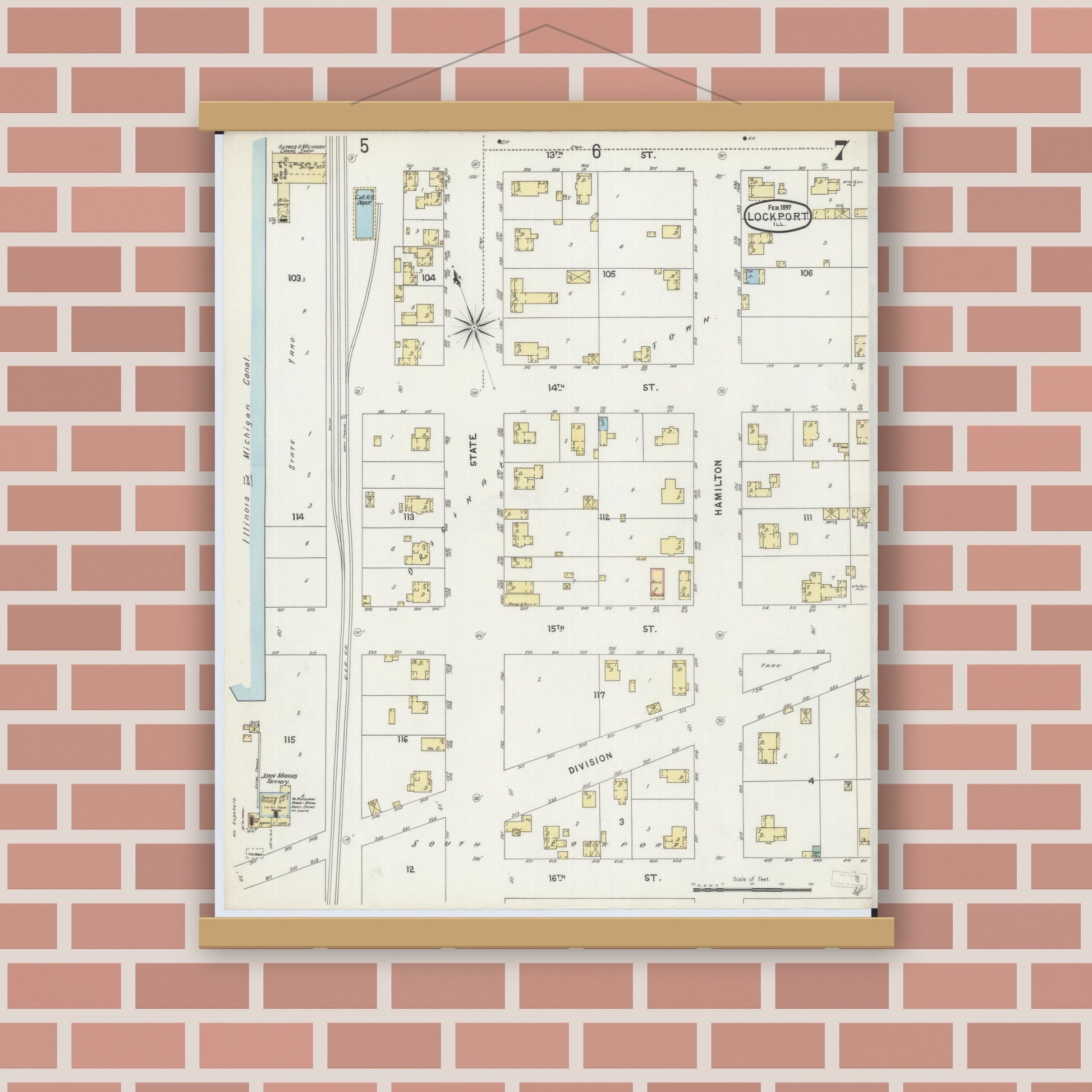Old map wall art mockup — magnetic wood frame on brick wall — Sanborn Fire Insurance Map from Lockport, Will County, Illinois (1897), Sheet #0007