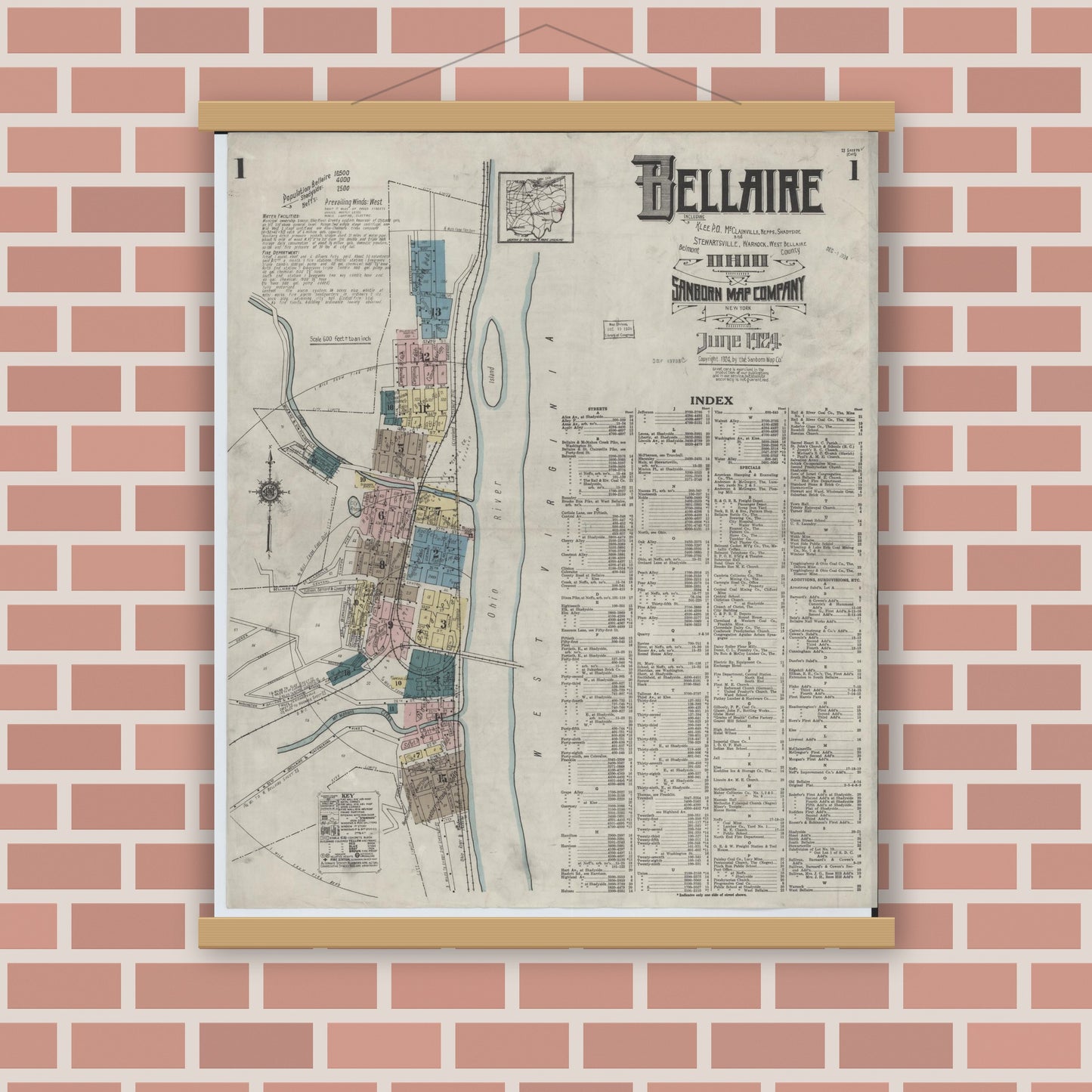 Old map wall art mockup — magnetic wood frame on brick wall — Sanborn Fire Insurance Map from Bellaire, Belmont County, Ohio (1924), Sheet #0001