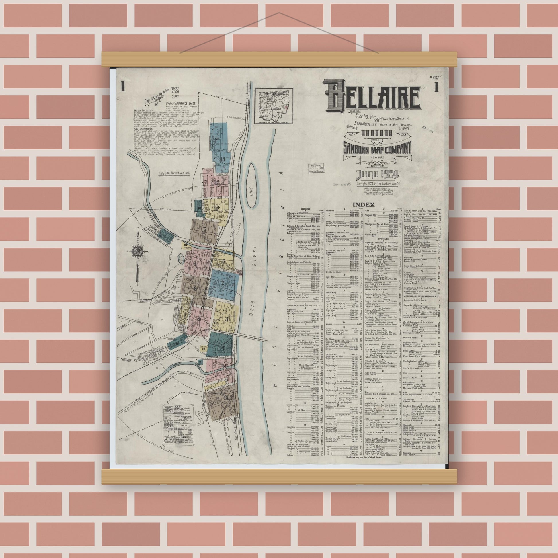 Old map wall art mockup — magnetic wood frame on brick wall — Sanborn Fire Insurance Map from Bellaire, Belmont County, Ohio (1924), Sheet #0001