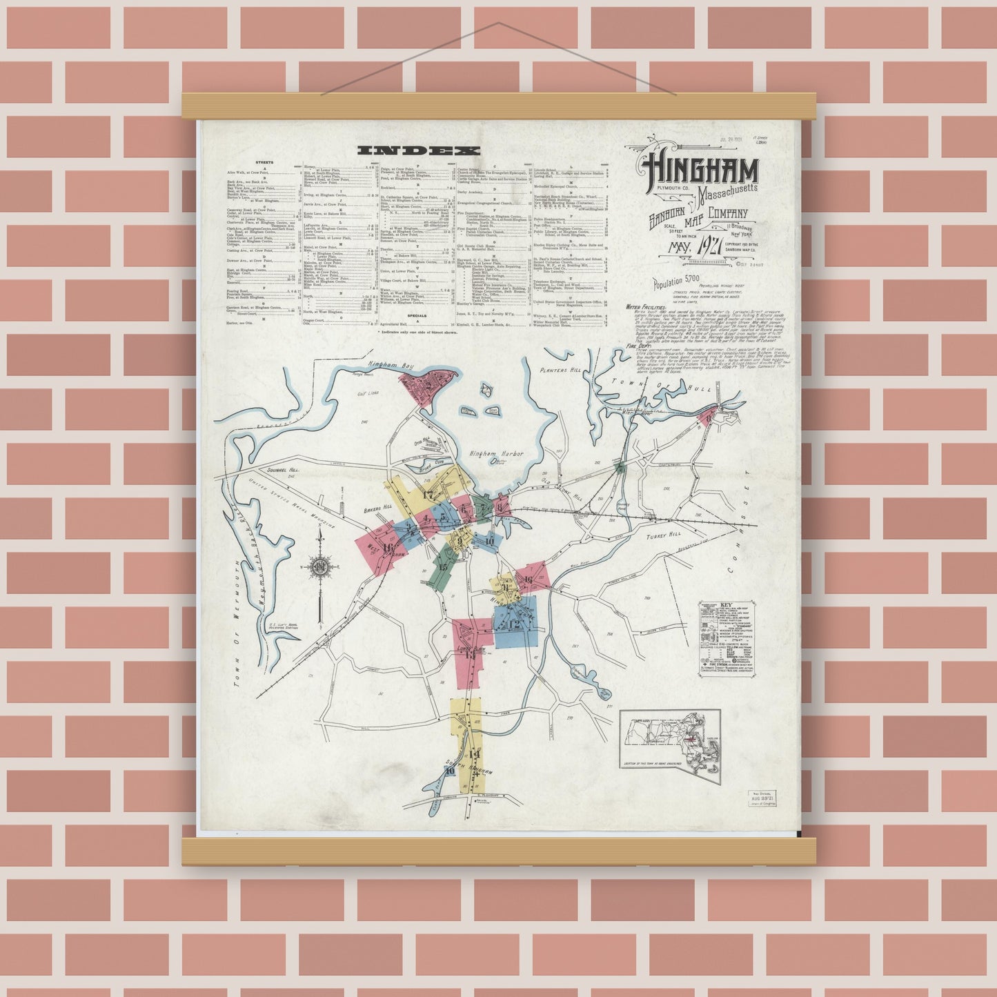 Old map wall art mockup — magnetic wood frame on brick wall — Sanborn Fire Insurance Map from Hingham, Plymouth County, Massachusetts (1921) - Complete Map Set