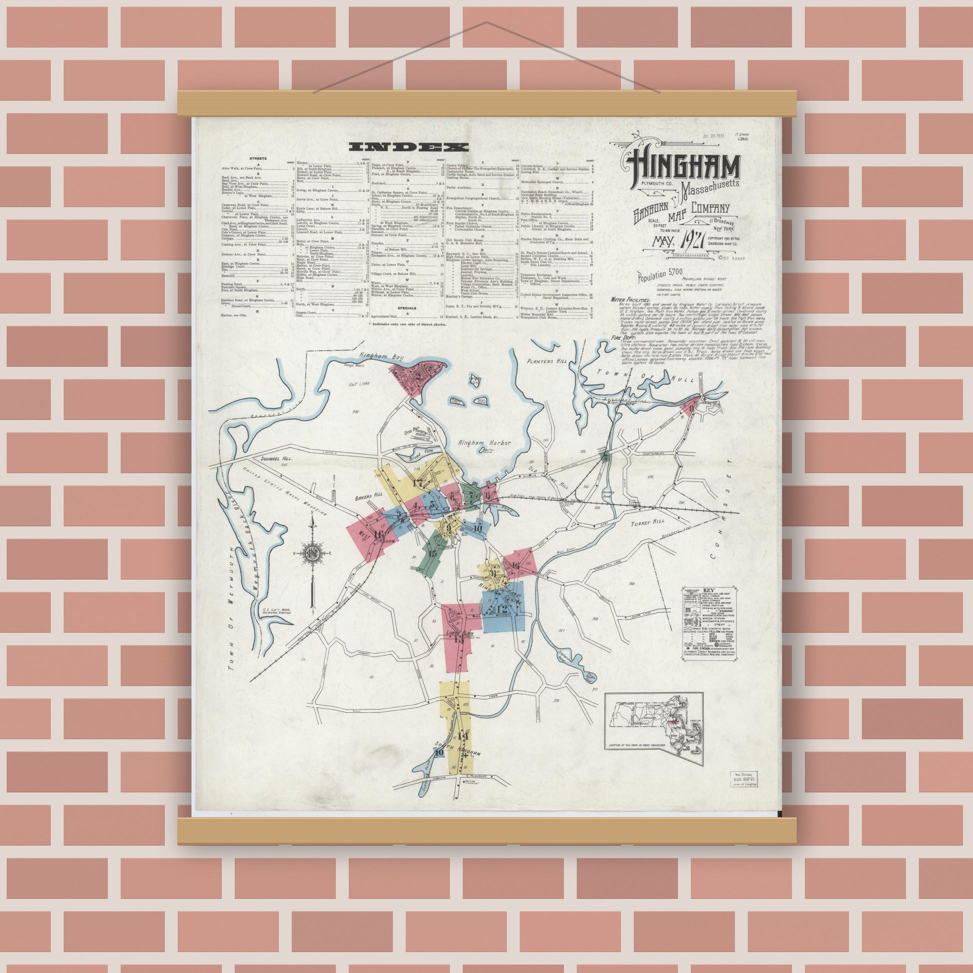 Old map wall art mockup — magnetic wood frame on brick wall — Sanborn Fire Insurance Map from Hingham, Plymouth County, Massachusetts (1921) - Complete Map Set
